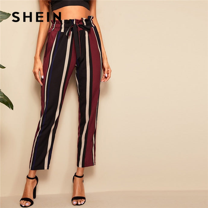 SHEIN Paperbag Waist Striped Pants Women Clothes 2019 Elegant High Waist Pants Spring Summer Office Lady Workwear Trousers