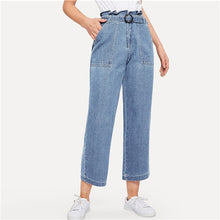 Load image into Gallery viewer, SHEIN Paperbag Waist Ring Belted Wide Leg Jeans 2019 Ruffle Waist Culotte Jeans With Belt Blue High Waist Women Trousers