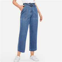 Load image into Gallery viewer, SHEIN Paperbag Waist Ring Belted Wide Leg Jeans 2019 Ruffle Waist Culotte Jeans With Belt Blue High Waist Women Trousers