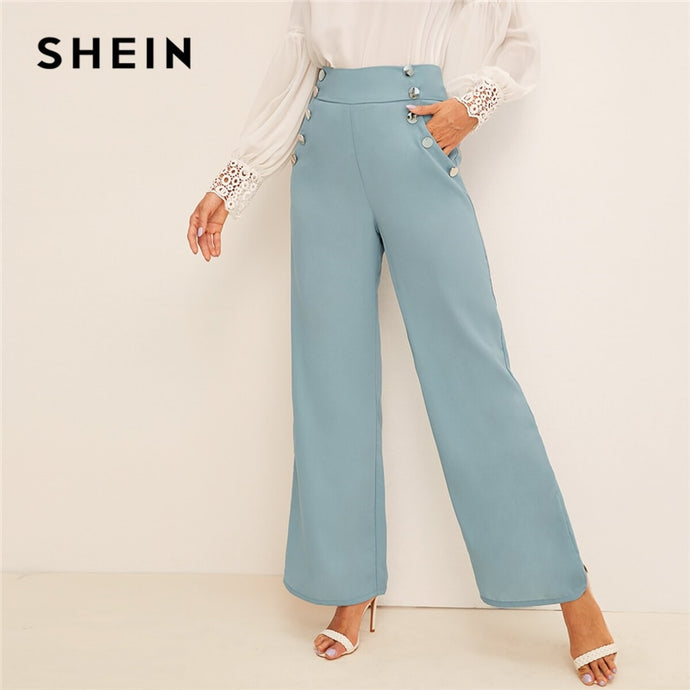 SHEIN Button Detail Wide Band Waist Wide Leg Pants 2019 Blue Vintage Solid Elastic Waist Loose Pants High Waist Women Trousers