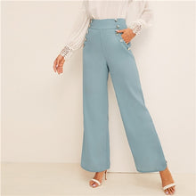 Load image into Gallery viewer, SHEIN Button Detail Wide Band Waist Wide Leg Pants 2019 Blue Vintage Solid Elastic Waist Loose Pants High Waist Women Trousers