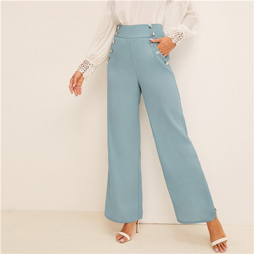 SHEIN Button Detail Wide Band Waist Wide Leg Pants 2019 Blue Vintage Solid Elastic Waist Loose Pants High Waist Women Trousers