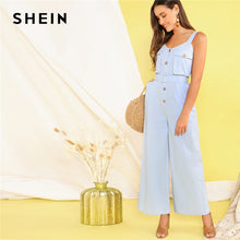 Load image into Gallery viewer, SHEIN Pastel Blue Button Front Flap Pocket Belted Wide Leg Straps Jumpsuit Women High Waist Sleeveless Cargo Casual Jumpsuits