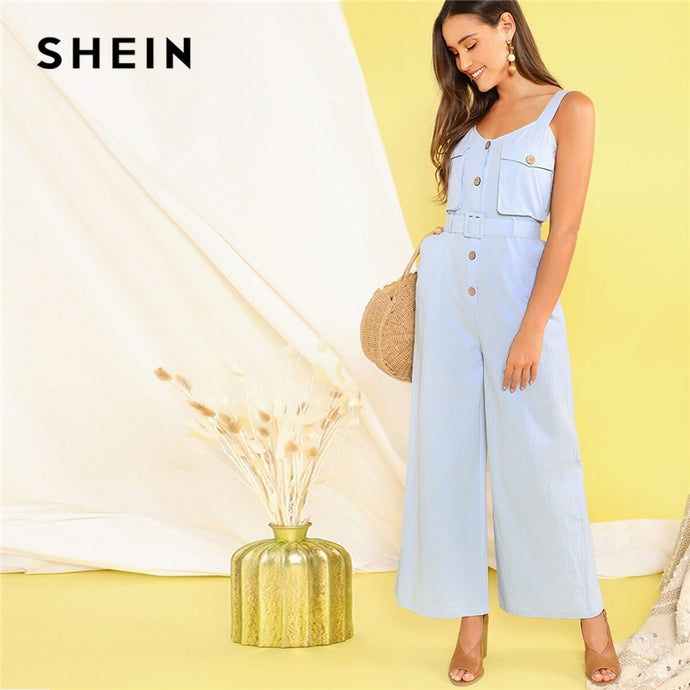 SHEIN Pastel Blue Button Front Flap Pocket Belted Wide Leg Straps Jumpsuit Women High Waist Sleeveless Cargo Casual Jumpsuits