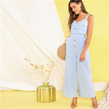 Load image into Gallery viewer, SHEIN Pastel Blue Button Front Flap Pocket Belted Wide Leg Straps Jumpsuit Women High Waist Sleeveless Cargo Casual Jumpsuits