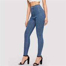 Load image into Gallery viewer, SHEIN Solid Skinny Jeans 2019 Spring Autumn Skinny Stretchy Jeans Blue Navy Woman Solid High Waist Denim Long Trousers
