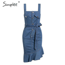 Load image into Gallery viewer, Simplee Casual blue women summer denim dress Elegant ruffle mermaid sash buttons jeans dresses Streetwear bodycon vestidos 2019