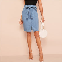 Load image into Gallery viewer, SHEIN Slit Front Belted Denim Skirt Women Summer Casual Fashion Shift Skirts Blue Solid Zipper Korean Style Skirts