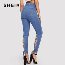 Load image into Gallery viewer, SHEIN Blue Zip Fly Lace Up Crisscross Knot Skinny Jeans Woman Spring Summer High Waist Jeans Stretchy Denim Ladies Trousers