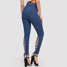 Load image into Gallery viewer, SHEIN Blue Zip Fly Lace Up Crisscross Knot Skinny Jeans Woman Spring Summer High Waist Jeans Stretchy Denim Ladies Trousers