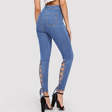 Load image into Gallery viewer, SHEIN Blue Zip Fly Lace Up Crisscross Knot Skinny Jeans Woman Spring Summer High Waist Jeans Stretchy Denim Ladies Trousers