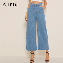 Load image into Gallery viewer, SHEIN Blue Button Fly Loose Wide Leg Denim Jeans Women Summer Autumn Solid High Waist Crop Casual High Street Ladies Jeans