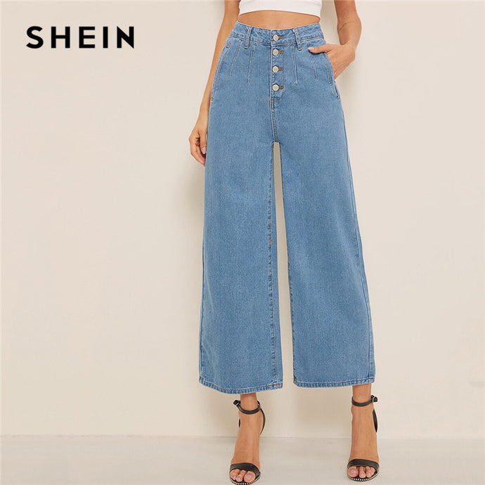 SHEIN Blue Button Fly Loose Wide Leg Denim Jeans Women Summer Autumn Solid High Waist Crop Casual High Street Ladies Jeans