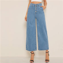 Load image into Gallery viewer, SHEIN Blue Button Fly Loose Wide Leg Denim Jeans Women Summer Autumn Solid High Waist Crop Casual High Street Ladies Jeans