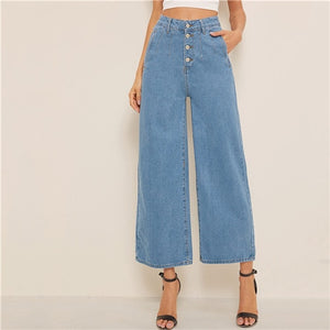 SHEIN Blue Button Fly Loose Wide Leg Denim Jeans Women Summer Autumn Solid High Waist Crop Casual High Street Ladies Jeans