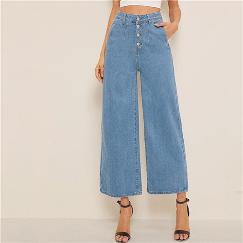 SHEIN Blue Button Fly Loose Wide Leg Denim Jeans Women Summer Autumn Solid High Waist Crop Casual High Street Ladies Jeans