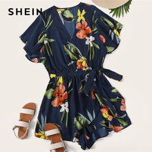 Load image into Gallery viewer, SHEIN Plus Size Navy Surplice Wrap Belted Floral Print Deep V Neck Romper 2019 Women Summer Boho Butterfly Sleeve Knot Playsuit