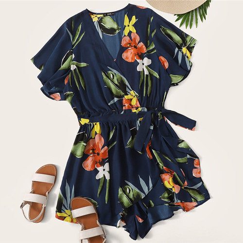 SHEIN Plus Size Navy Surplice Wrap Belted Floral Print Deep V Neck Romper 2019 Women Summer Boho Butterfly Sleeve Knot Playsuit