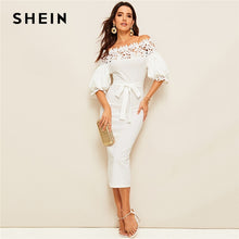 Load image into Gallery viewer, SHEIN Guipure Lace Yoke Bishop Sleeve Pencil Dress Women White Pencil Dress Summer Off Shoulder Solid Belted Bodycon Dresses