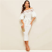 Load image into Gallery viewer, SHEIN Guipure Lace Yoke Bishop Sleeve Pencil Dress Women White Pencil Dress Summer Off Shoulder Solid Belted Bodycon Dresses