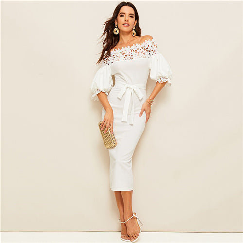 SHEIN Guipure Lace Yoke Bishop Sleeve Pencil Dress Women White Pencil Dress Summer Off Shoulder Solid Belted Bodycon Dresses