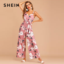 Load image into Gallery viewer, SHEIN Boho Floral Print Zip Back Belted Summer Jumpsuit Women Sleeveless Loose High Waist Wide Leg Jumpsuit Ladies Pink Jumpsuit