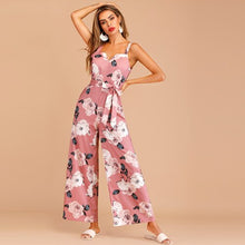 Load image into Gallery viewer, SHEIN Boho Floral Print Zip Back Belted Summer Jumpsuit Women Sleeveless Loose High Waist Wide Leg Jumpsuit Ladies Pink Jumpsuit