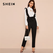 Load image into Gallery viewer, SHEIN Office Lady Black Belted Button Fly Pants With Ruffle Straps Women Spring Autumn Solid Long Trousers Straight Leg Pants