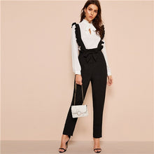 Load image into Gallery viewer, SHEIN Office Lady Black Belted Button Fly Pants With Ruffle Straps Women Spring Autumn Solid Long Trousers Straight Leg Pants