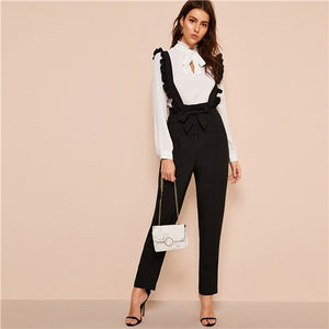SHEIN Office Lady Black Belted Button Fly Pants With Ruffle Straps Women Spring Autumn Solid Long Trousers Straight Leg Pants