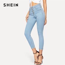 Load image into Gallery viewer, SHEIN Blue Button Front Ankle Skinny Casual Jeans Woman Spring Summer Mid Waist Crop Pencil Jeans High Street Ladies Denim Pants