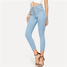 Load image into Gallery viewer, SHEIN Blue Button Front Ankle Skinny Casual Jeans Woman Spring Summer Mid Waist Crop Pencil Jeans High Street Ladies Denim Pants