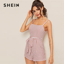 Load image into Gallery viewer, SHEIN Pink Striped Belted Cami Rompers Womens Jumpsuit Boho Sleeveless Mid Waist Summer Jumpsuit Vacation Casual Ladies Playsuit