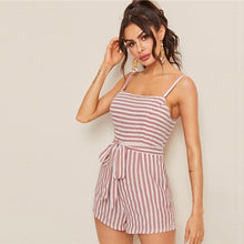 Load image into Gallery viewer, SHEIN Pink Striped Belted Cami Rompers Womens Jumpsuit Boho Sleeveless Mid Waist Summer Jumpsuit Vacation Casual Ladies Playsuit