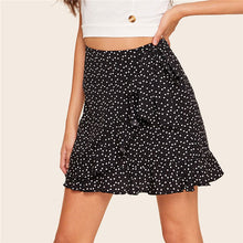 Load image into Gallery viewer, SHEIN Ruffle Trim Wrap Tie Waist Black Skirt Women Boho Beach Heart Print High Waist Summer Skirt Casual A Line Mini Skirt