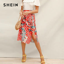 Load image into Gallery viewer, SHEIN Multicolor Shift Allover Daisy Button Detail Split Midi Skirt Women Summer Pastoral Casual A-Line High Waist Skirts