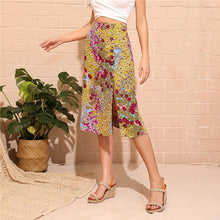 Load image into Gallery viewer, SHEIN Multicolor Shift Allover Daisy Button Detail Split Midi Skirt Women Summer Pastoral Casual A-Line High Waist Skirts