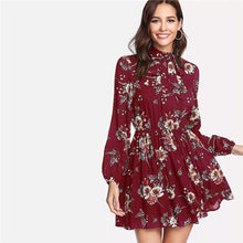 Load image into Gallery viewer, SHEIN Autumn Floral Women Dresses Multicolor Elegant Long Sleeve High Waist A Line Chic Dress Ladies Tie Neck Dress