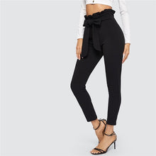 Load image into Gallery viewer, SHEIN Elegant Paperbag Waist Belted Detail Solid High Waist Pants Women Skinny Frill Trim Elastic Waist Spring Summer Pants