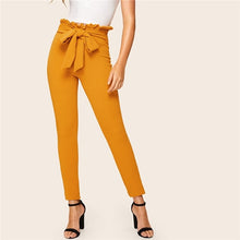 Load image into Gallery viewer, SHEIN Elegant Paperbag Waist Belted Detail Solid High Waist Pants Women Skinny Frill Trim Elastic Waist Spring Summer Pants