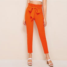 Load image into Gallery viewer, SHEIN Elegant Paperbag Waist Belted Detail Solid High Waist Pants Women Skinny Frill Trim Elastic Waist Spring Summer Pants