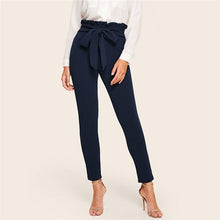 Load image into Gallery viewer, SHEIN Elegant Paperbag Waist Belted Detail Solid High Waist Pants Women Skinny Frill Trim Elastic Waist Spring Summer Pants