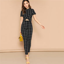 Load image into Gallery viewer, SHEIN Twist Front Grid Crop Top And Skinny Pants Matching Set Women Clothing Spring Elegant Short Sleeve Plaid Two Piece Set