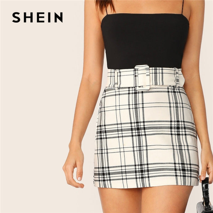 SHEIN Ladies White Buckle Belted Plaid Skirt Korean Style Women Preppy High Waist Skirt Stretchy Spring Summer Mini Skirt