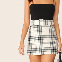 Load image into Gallery viewer, SHEIN Ladies White Buckle Belted Plaid Skirt Korean Style Women Preppy High Waist Skirt Stretchy Spring Summer Mini Skirt