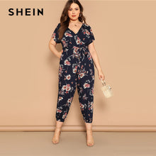 Load image into Gallery viewer, SHEIN Plus Size Navy Floral Print Belted Wrap Jumpsuit 2019 Women Spring Summer Boho V neck Short Sleeve Casual Pocket Jumpsuits