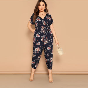 SHEIN Plus Size Navy Floral Print Belted Wrap Jumpsuit 2019 Women Spring Summer Boho V neck Short Sleeve Casual Pocket Jumpsuits