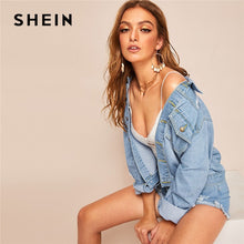 Load image into Gallery viewer, SHEIN Ripped Faded Wash Stitch Detail Jeans Jacket Women Casual Single Breasted Denim Jacket Blue Loose Ladies Korean Jacket