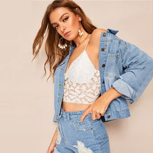 Load image into Gallery viewer, SHEIN Ripped Faded Wash Stitch Detail Jeans Jacket Women Casual Single Breasted Denim Jacket Blue Loose Ladies Korean Jacket