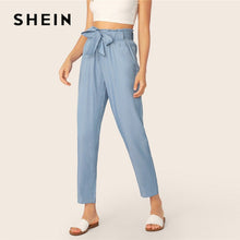 Load image into Gallery viewer, SHEIN Paperbag Waist Self Belted Pants Women Clothes 2019 Blue Casual High Waist Pants Solid Elastic Waist Spring Summer Pants